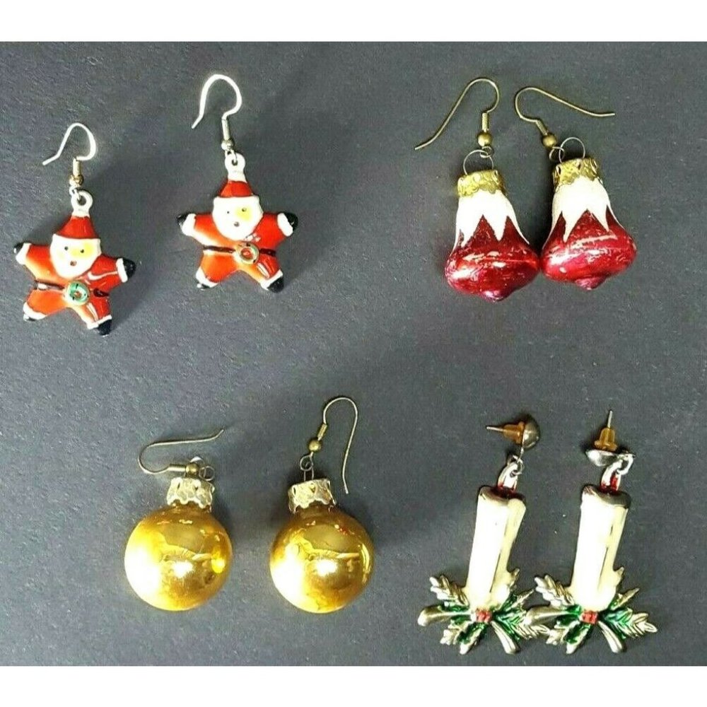 Lot 4 Pr Vintage Christmas Ornament Earrings glass